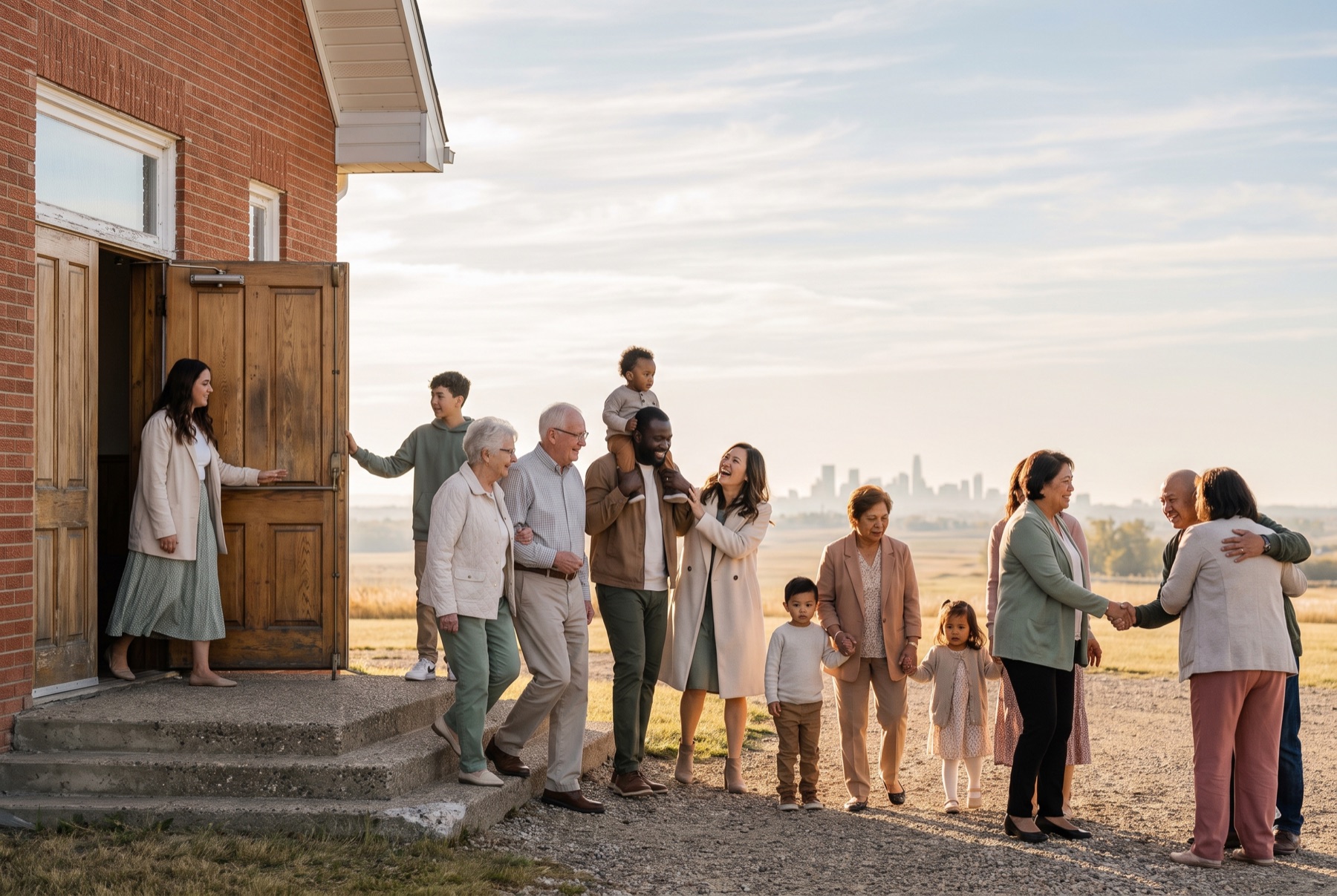 A congregation greets on the front steps after Sunday service, the Calgary skyline on the horizon.