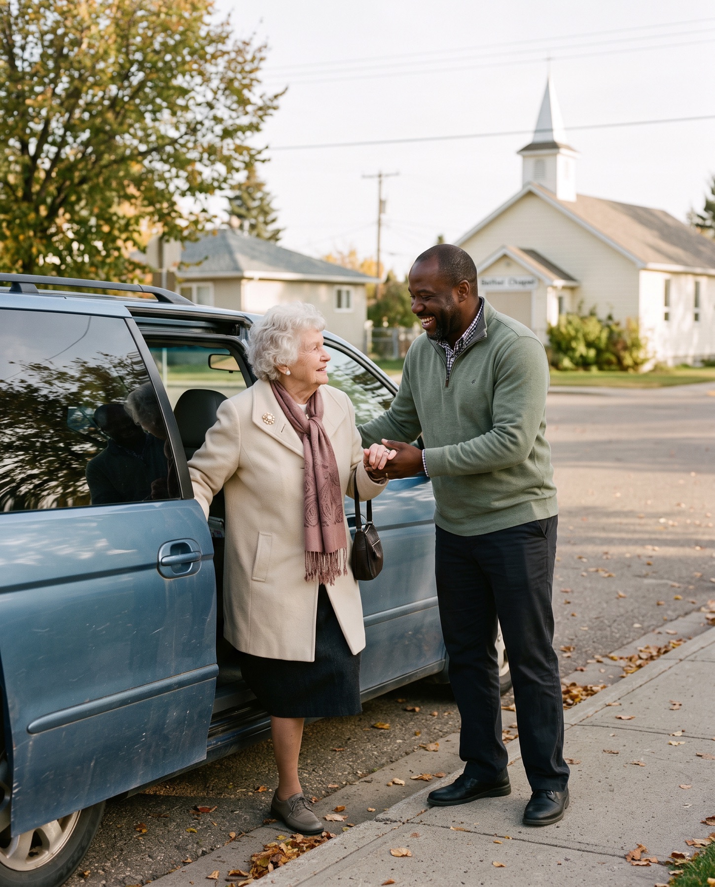 A volunteer driver offers a steady arm as a rider in her Sunday best steps out of his minivan, their church across the street.